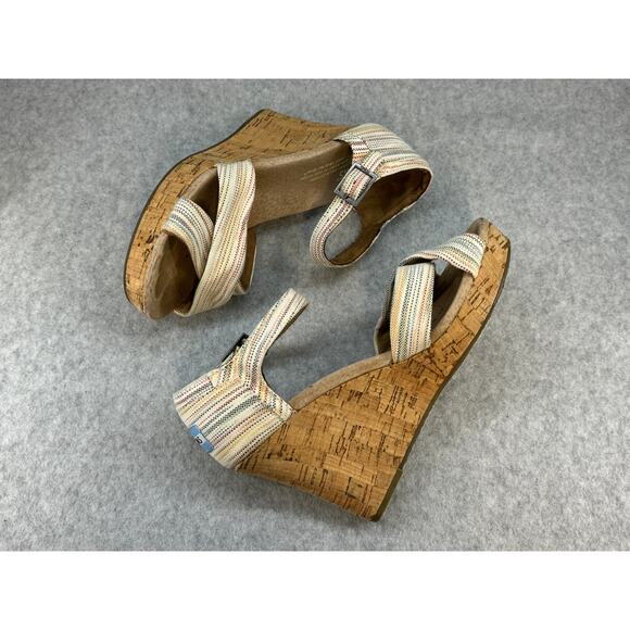 TOMS Multicolored Stripped Cork Wedge Size 6.5 - Picture 2 of 7